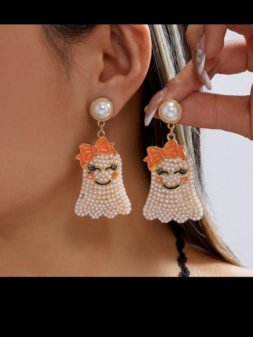 Pearl Beaded Ghost Drop Earrings with Orange Bow